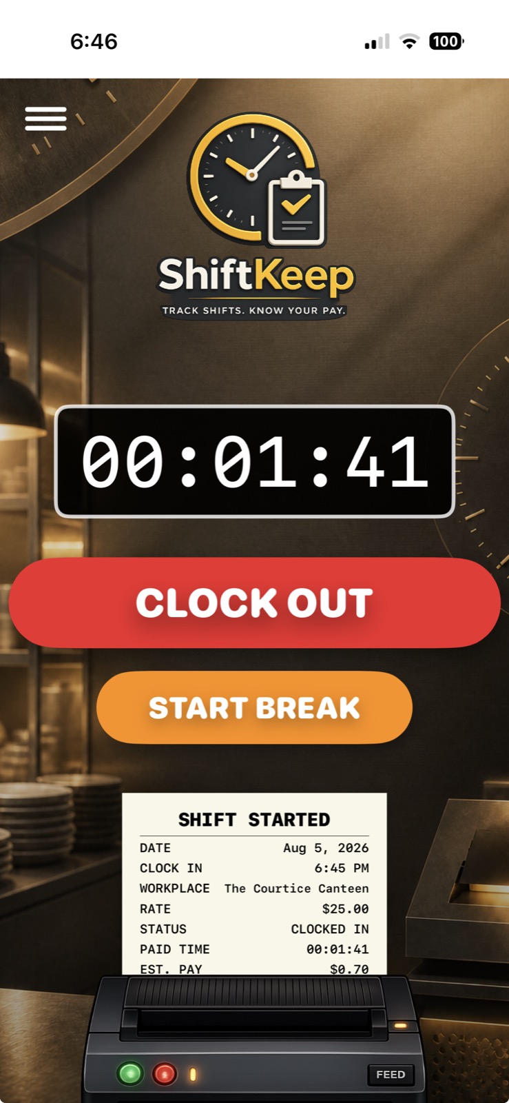 ShiftKeep Active Shift screen