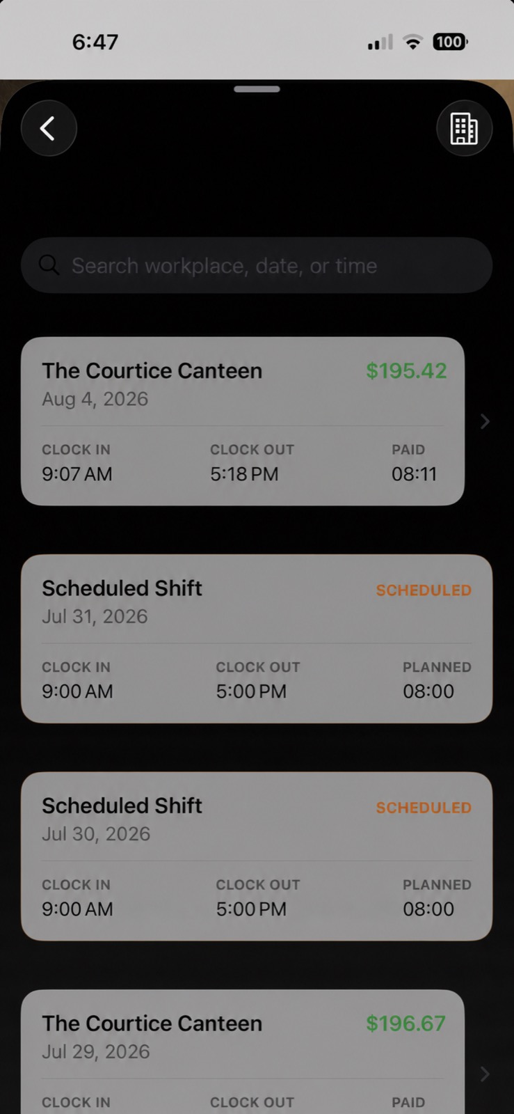 ShiftKeep searchable History screen